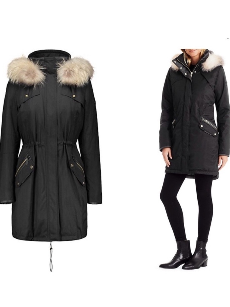 Tumi Black Puffer Parka With Fur Trim Hood